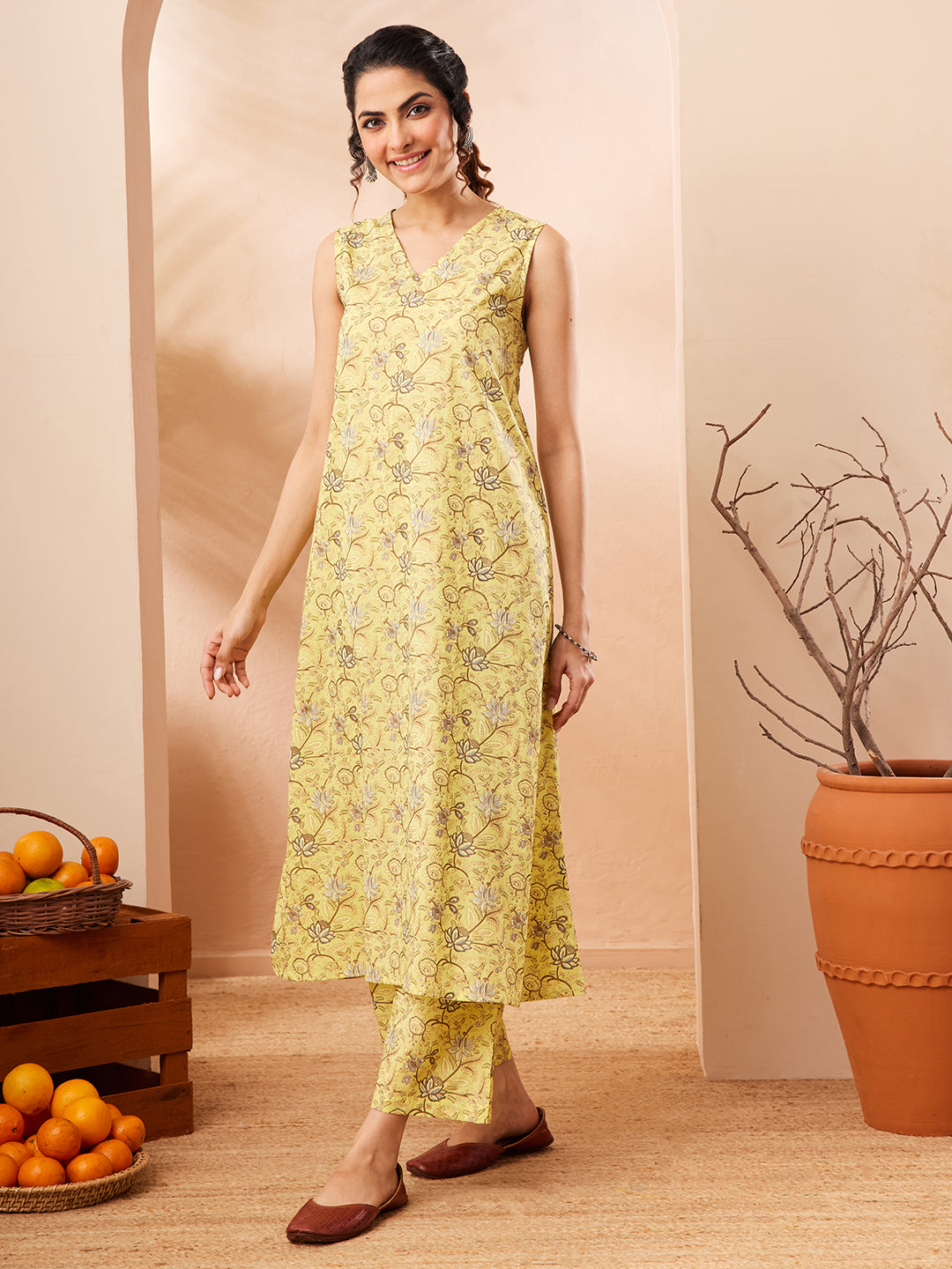 Janasya Women's Yellow Cotton Floral Printed A-line Kurta With Pant Set
