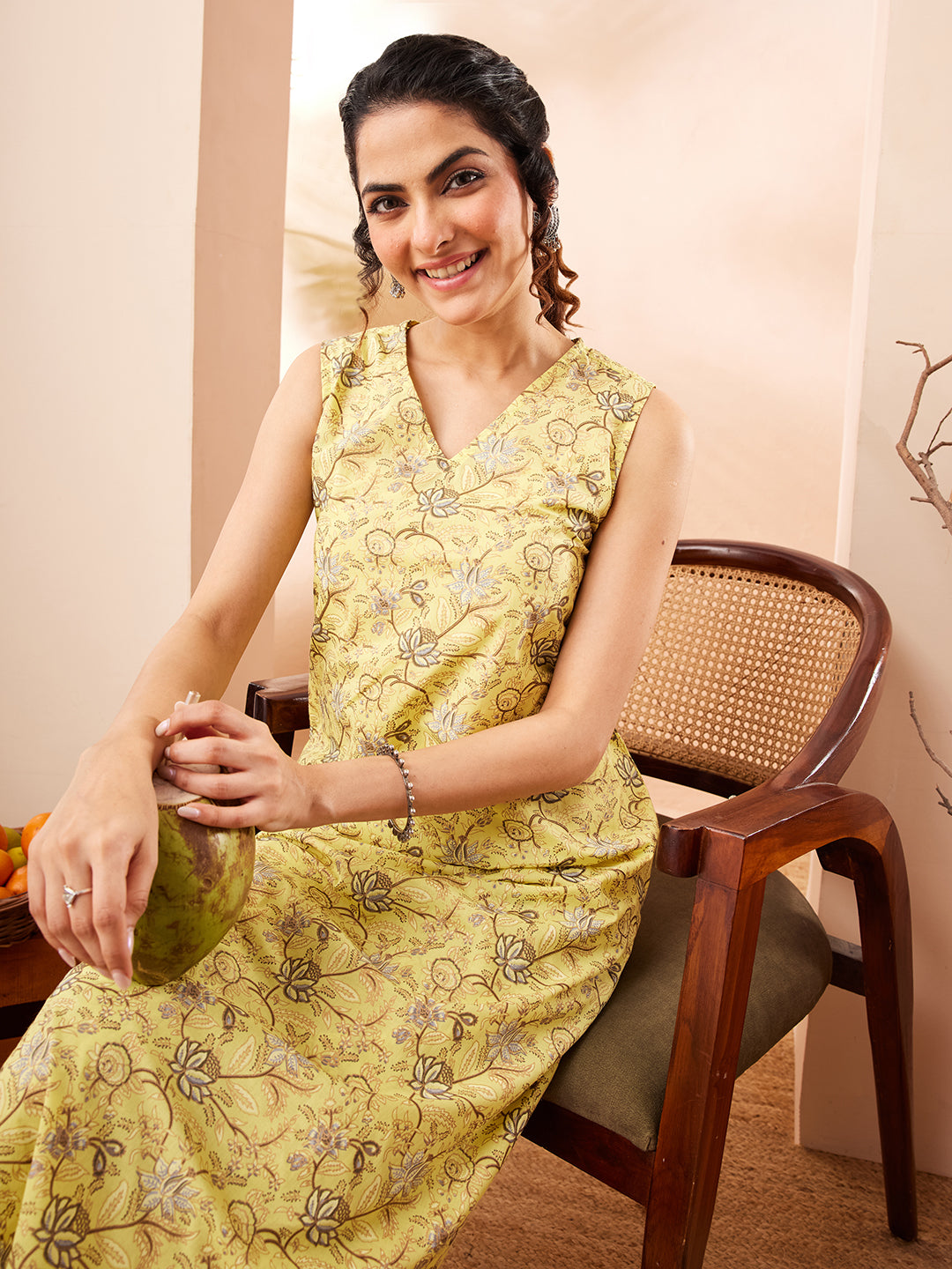 Janasya Women's Yellow Cotton Floral Printed A-line Kurta With Pant Set