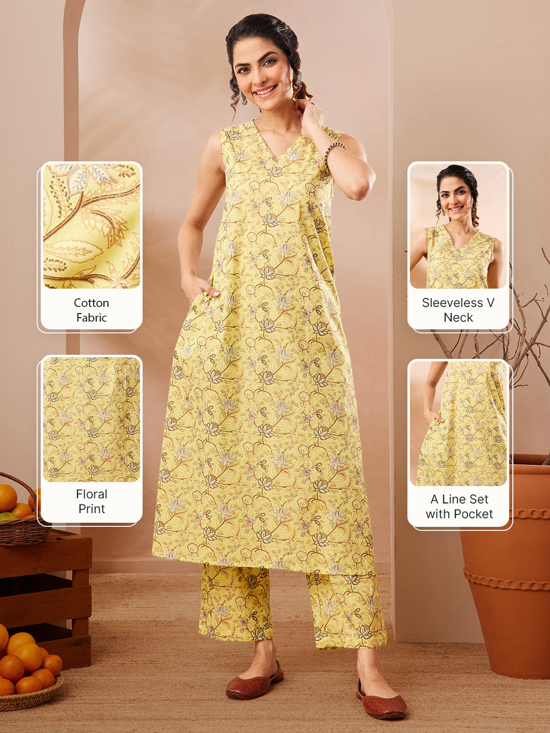 Janasya Women's Yellow Cotton Floral Printed A-line Kurta With Pant Set