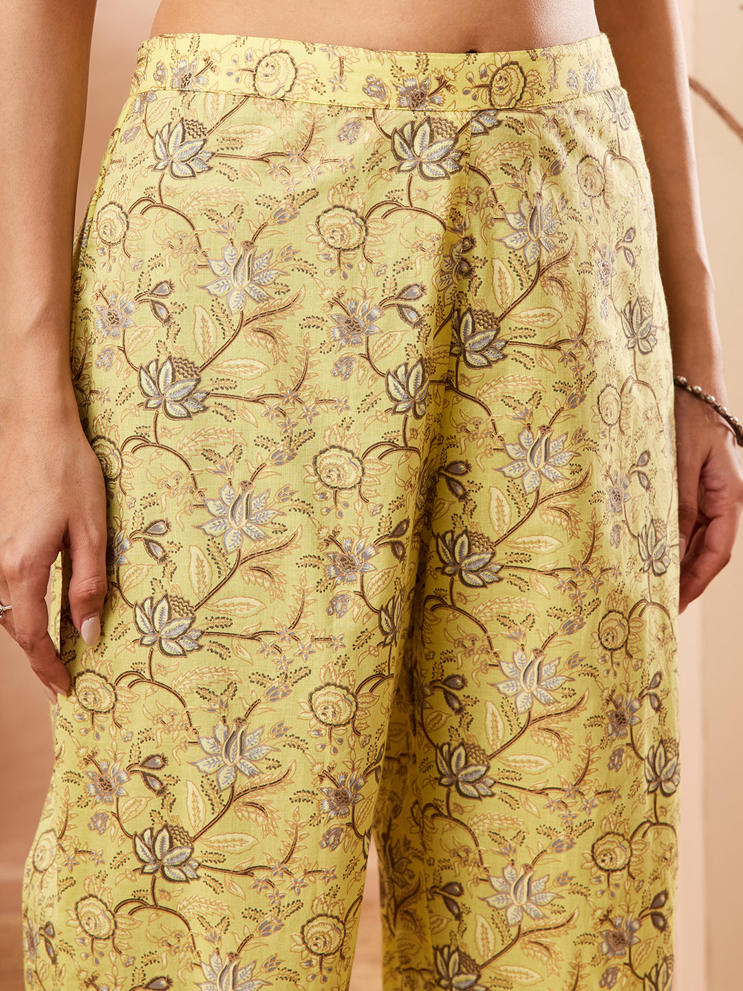 Janasya Women's Yellow Cotton Floral Printed A-line Kurta With Pant Set