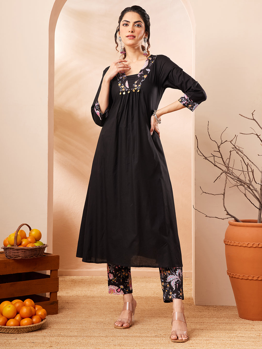 Janasya Women's Black Pure Cotton Yoke Design A-line Kurta Set