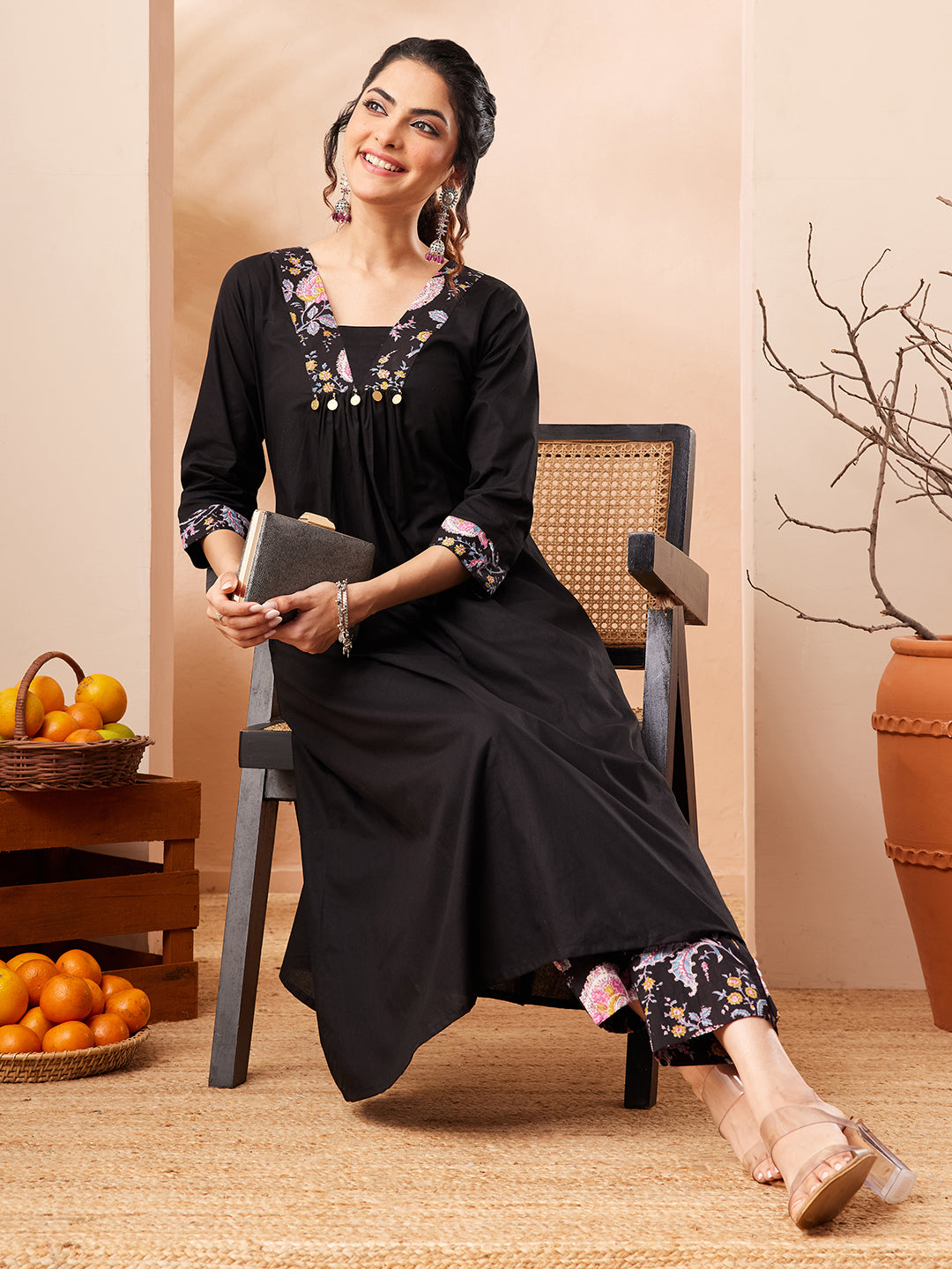 Janasya Women's Black Pure Cotton Yoke Design A-line Kurta Set