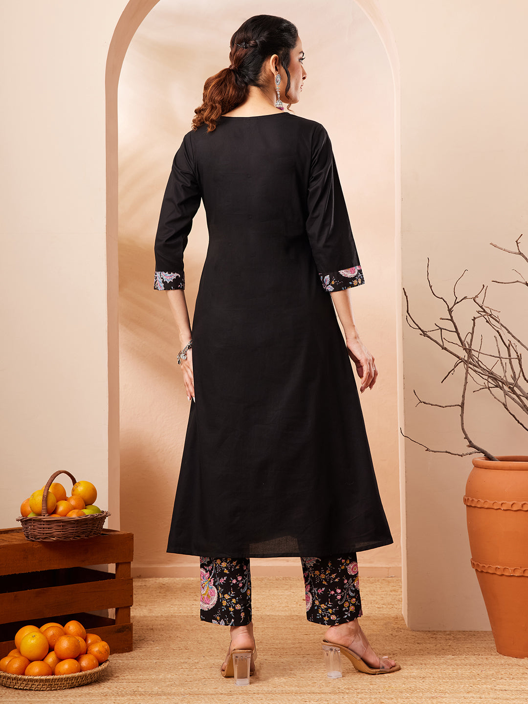 Janasya Women's Black Pure Cotton Yoke Design A-line Kurta Set