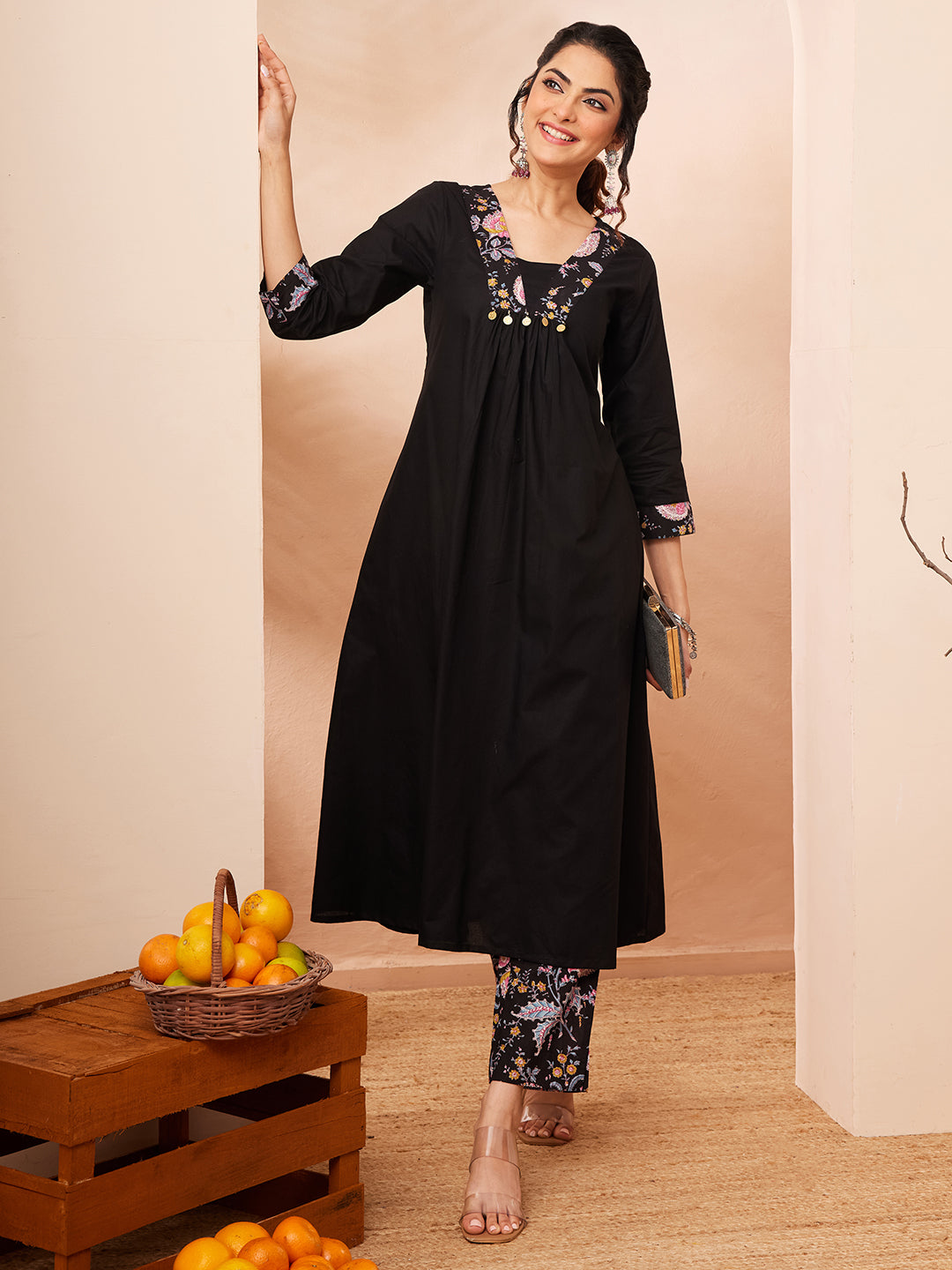 Janasya Women's Black Pure Cotton Yoke Design A-line Kurta Set