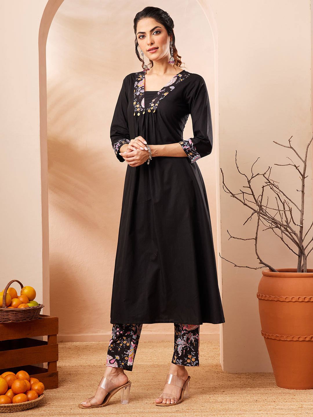 Janasya Women's Black Pure Cotton Yoke Design A-line Kurta Set