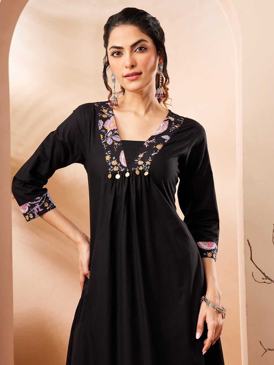 Janasya Women's Black Pure Cotton Yoke Design A-line Kurta Set