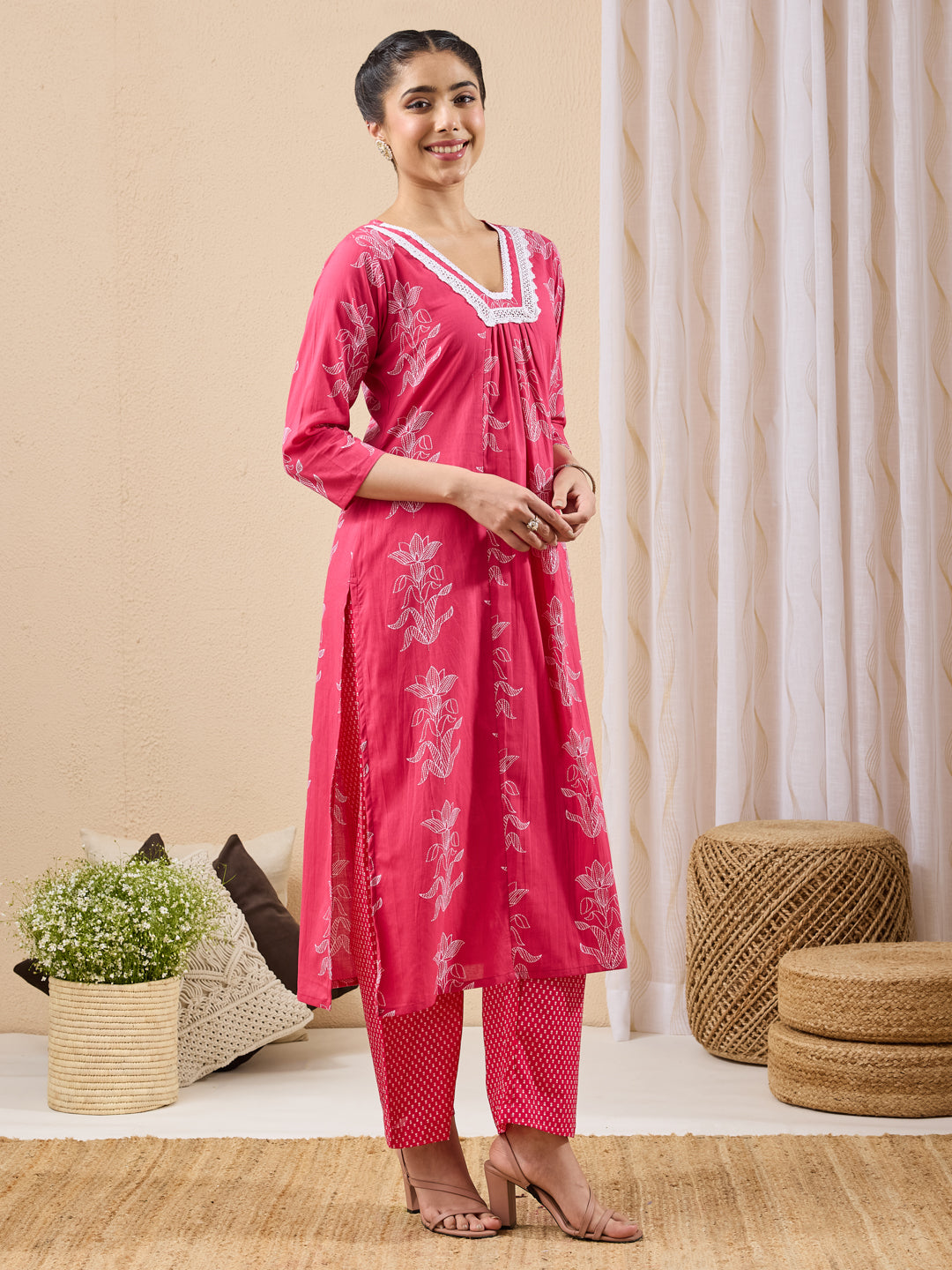 Janasya Women's Pink Pure Cotton Floral Printed A-line Kurta Pant Set