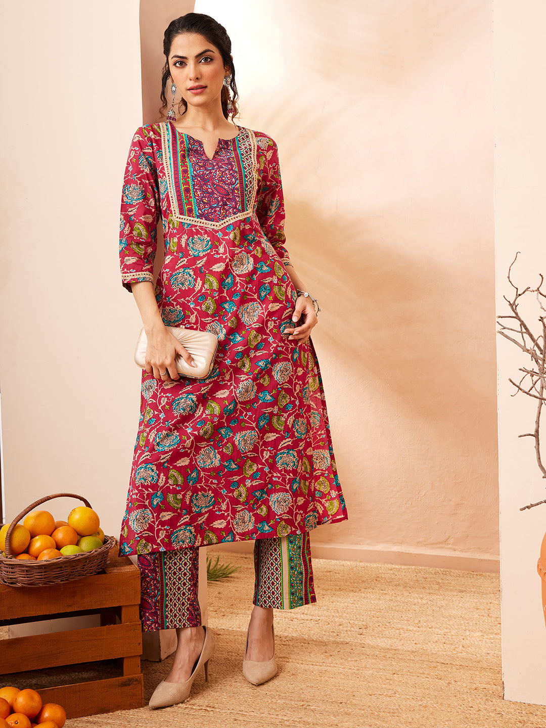 Janasya Women's Pink Pure Cotton Floral Printed Straight Kurta Pant Set