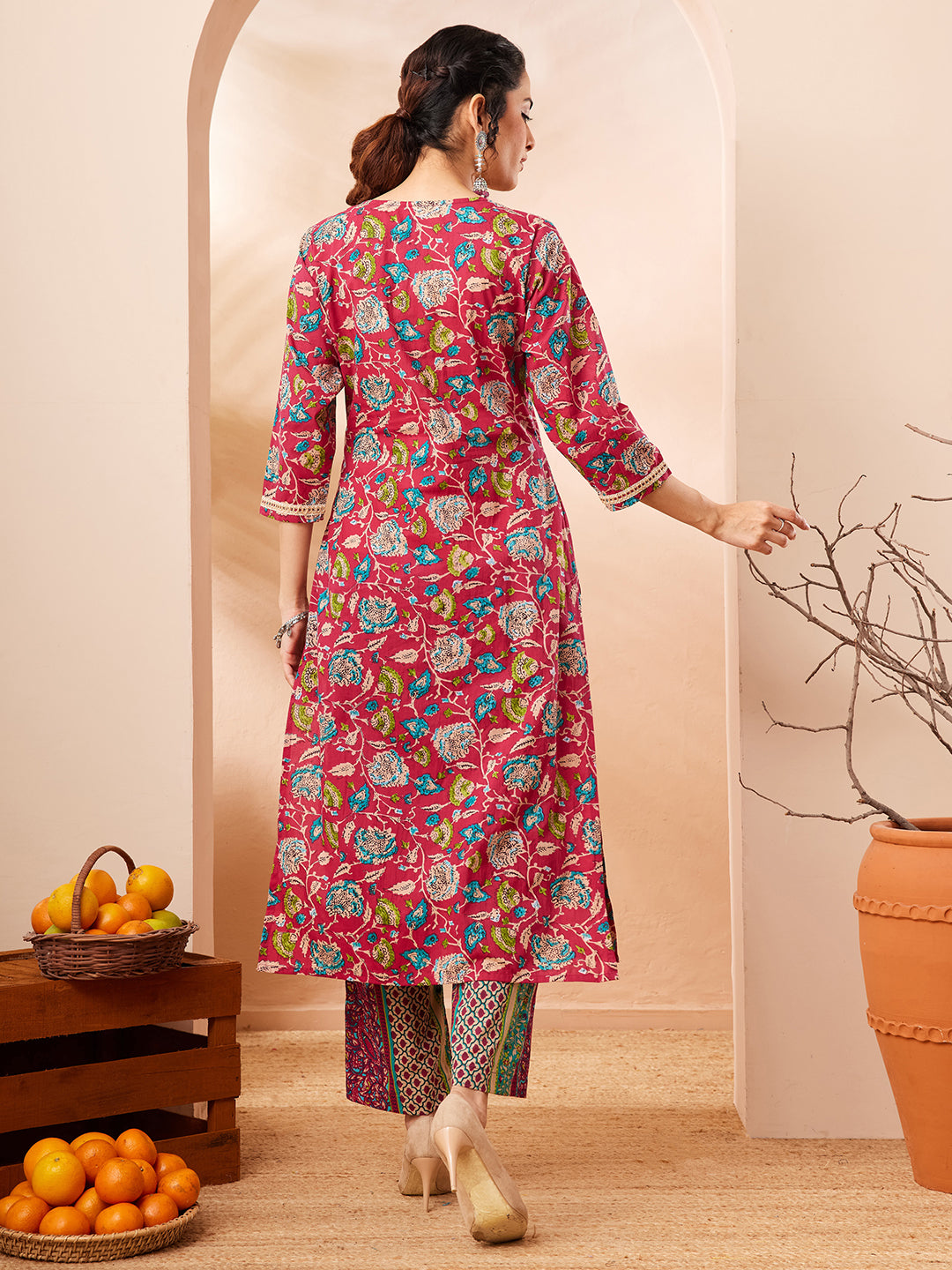 Janasya Women's Pink Pure Cotton Floral Printed Straight Kurta Pant Set