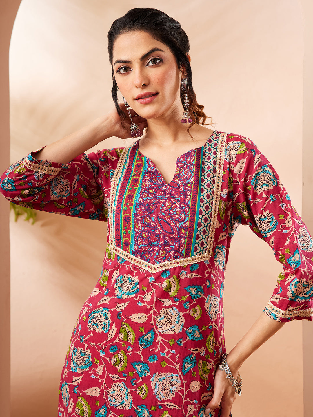 Janasya Women's Pink Pure Cotton Floral Printed Straight Kurta Pant Set