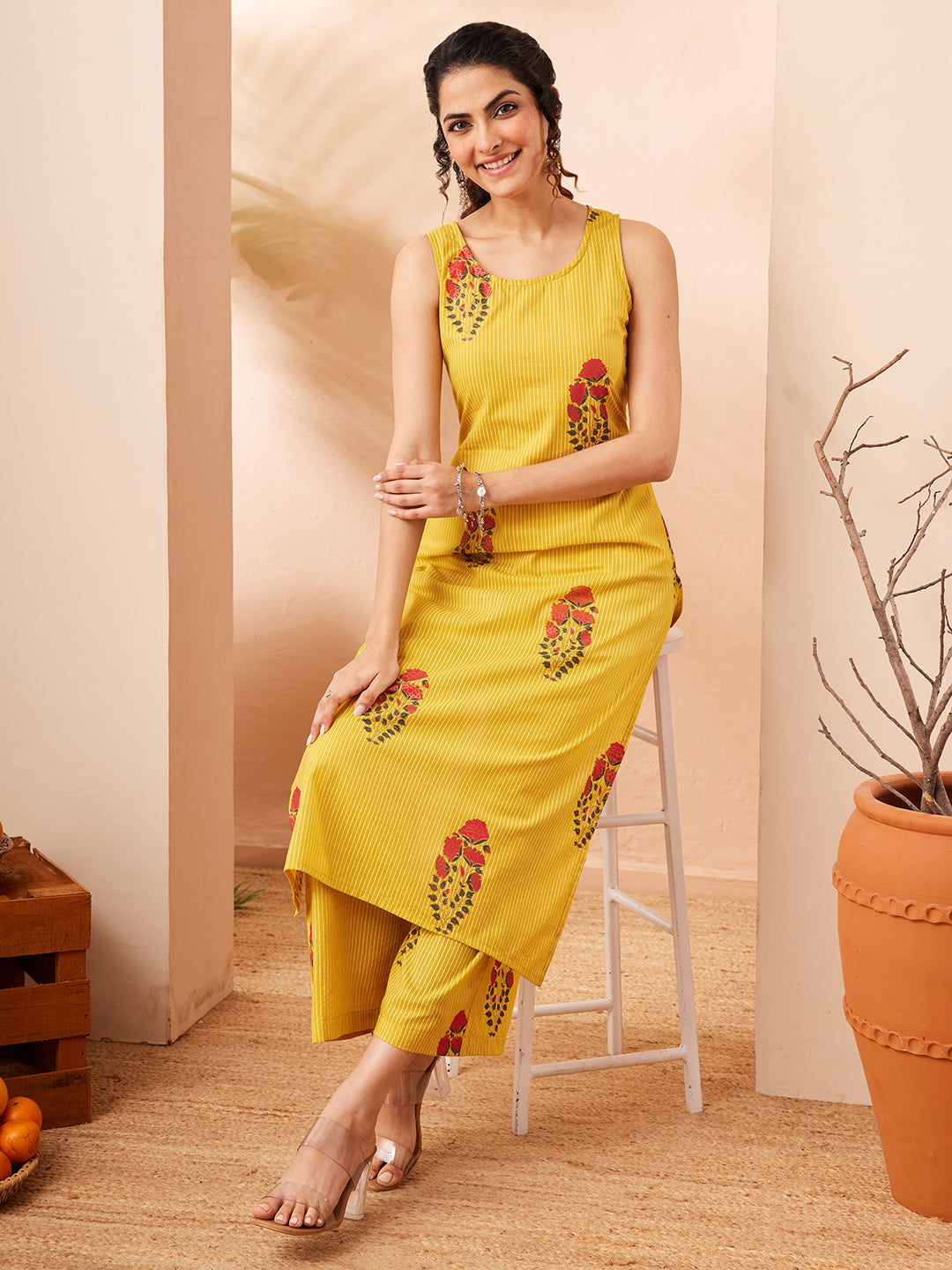 Janasya Women's Yellow Cotton Floral Printed Straight Kurta With Pant Set