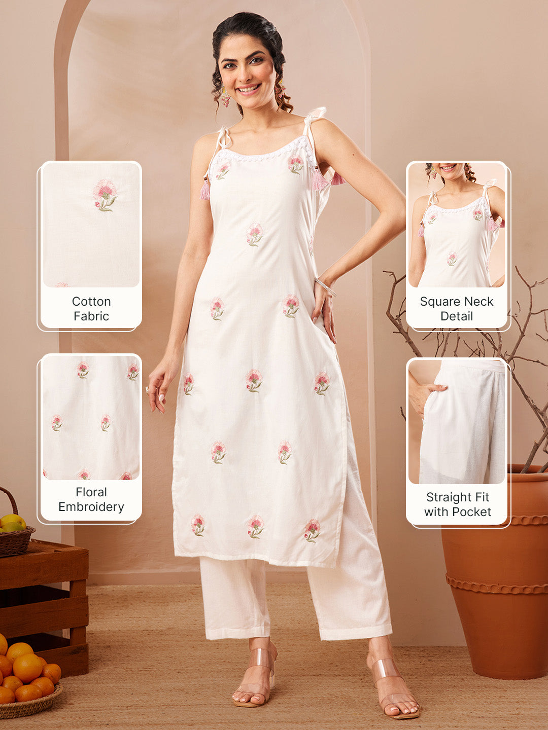 Janasya Women's White Pure Cotton Embroidered Straight Kurta With Pant Set