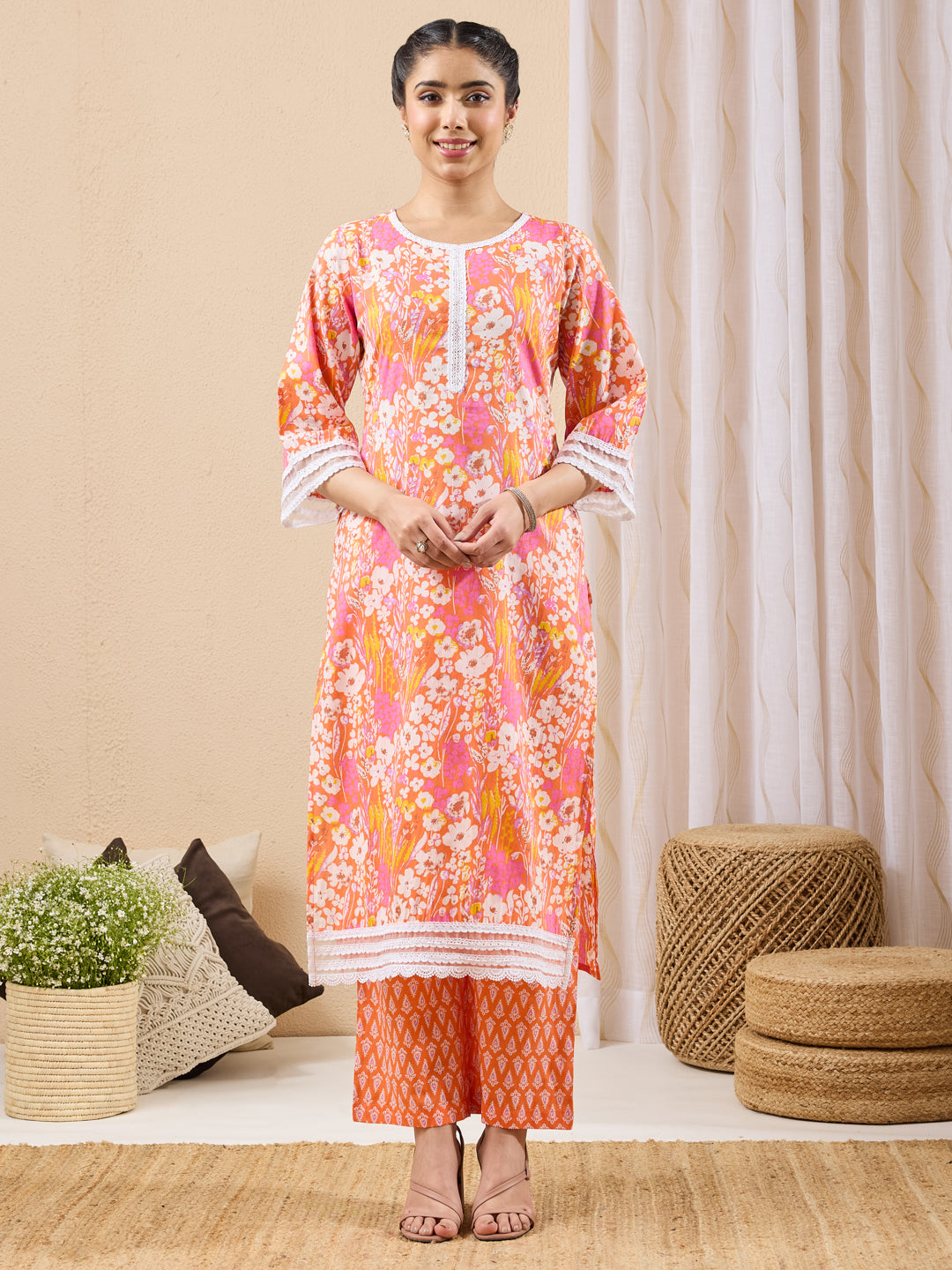 Janasya Women's Orange Pure Cotton Floral Printed Straight Kurta With Pant Set
