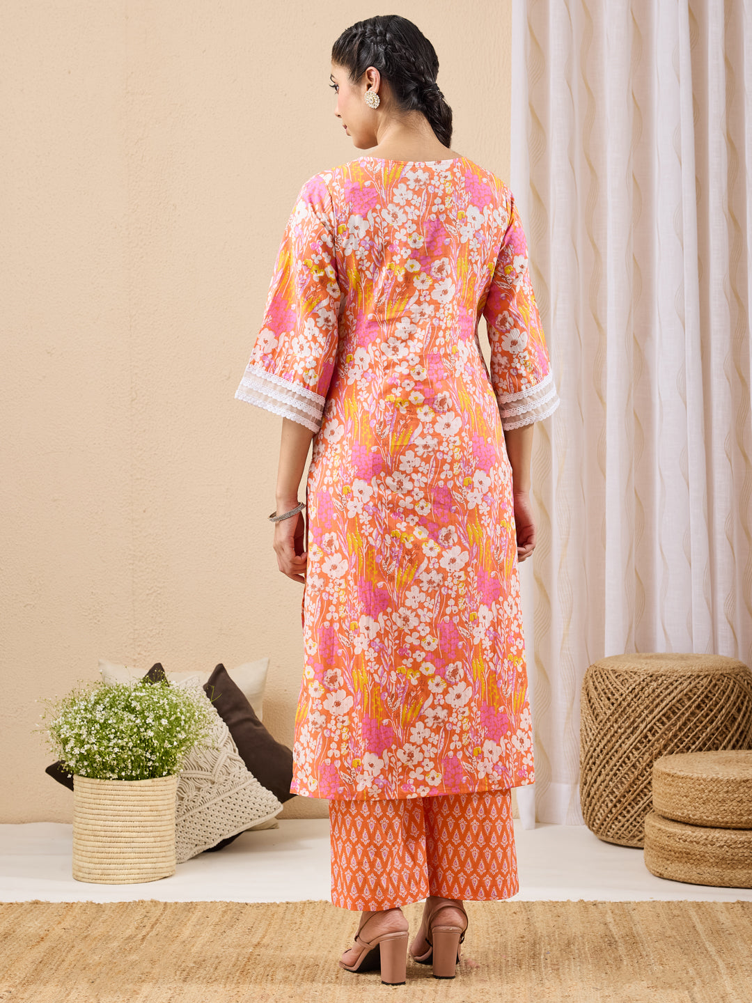 Janasya Women's Orange Pure Cotton Floral Printed Straight Kurta With Pant Set