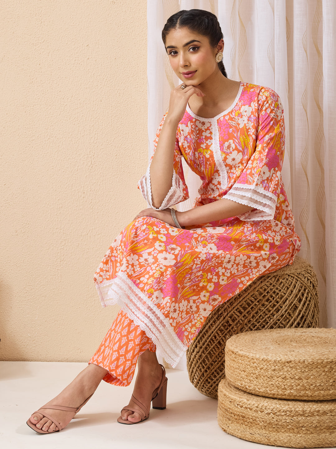 Janasya Women's Orange Pure Cotton Floral Printed Straight Kurta With Pant Set