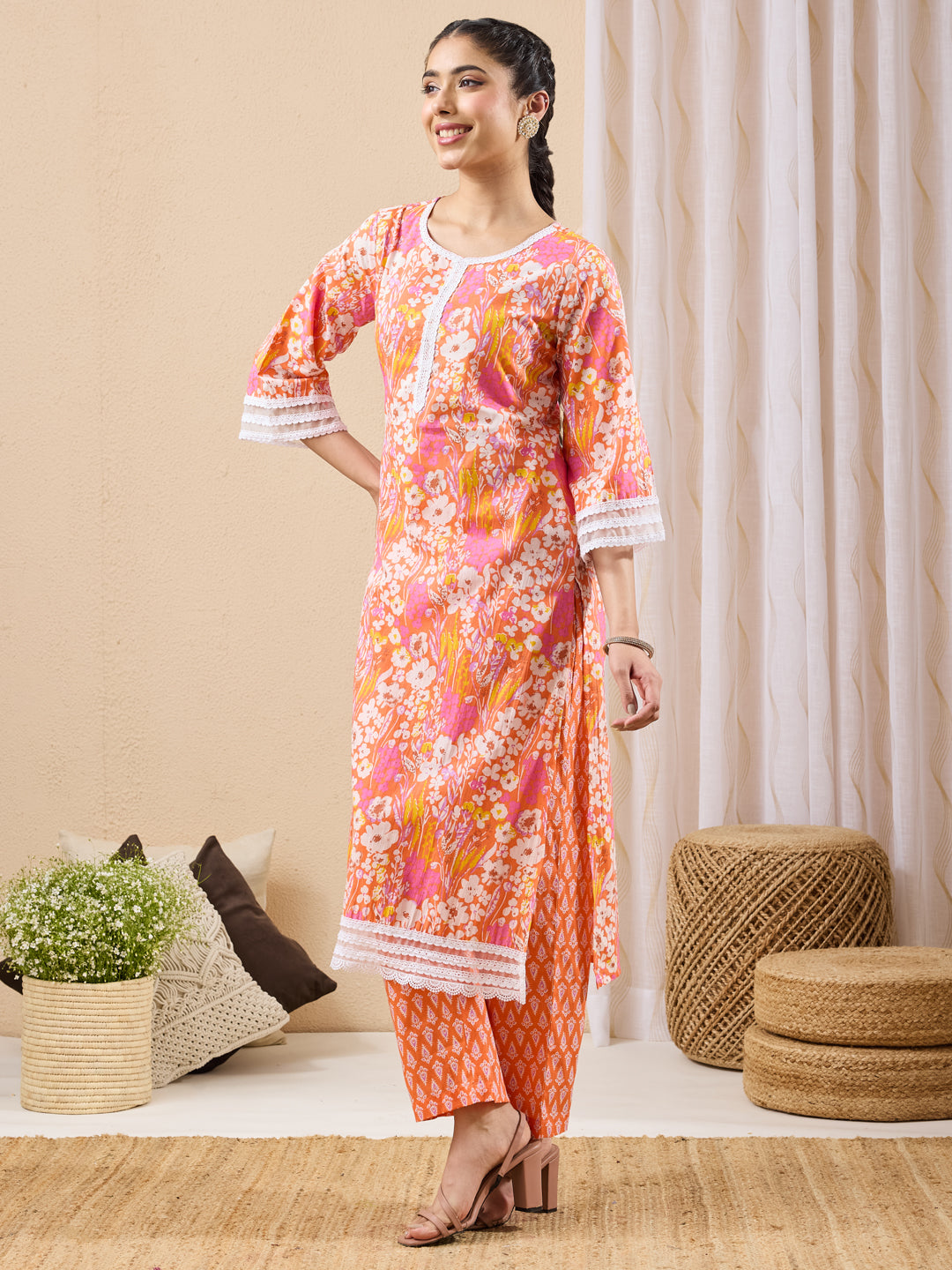 Janasya Women's Orange Pure Cotton Floral Printed Straight Kurta With Pant Set