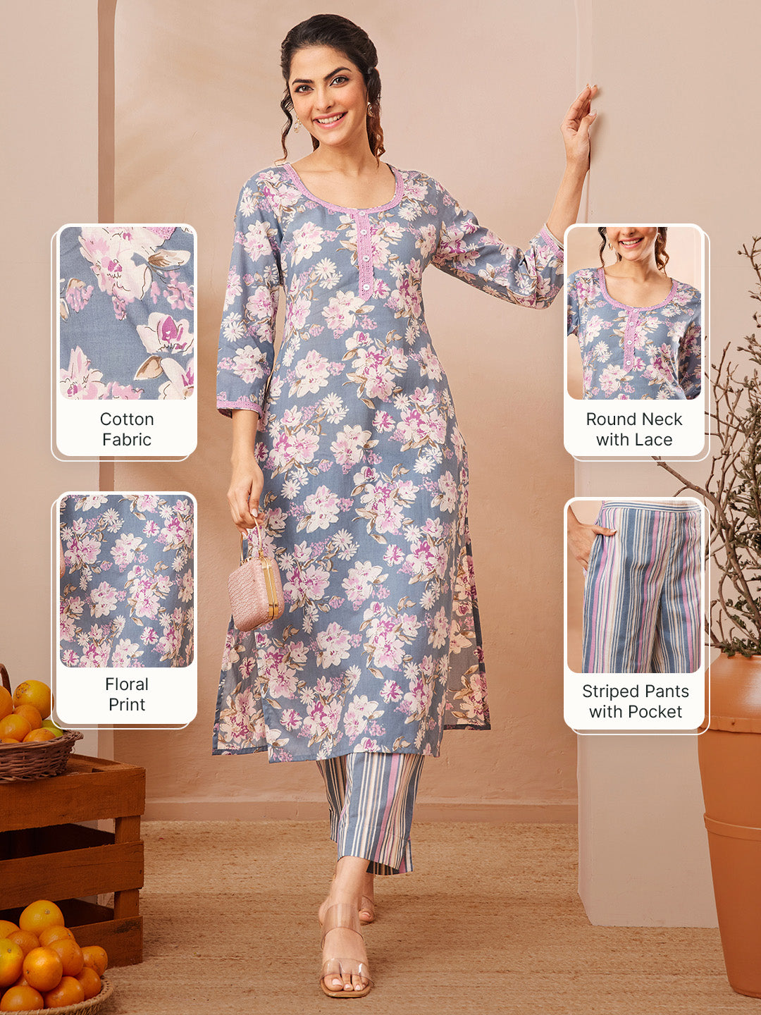Janasya Women's Grey Pure Cotton Floral Printed Straight Kurta With Pant Set