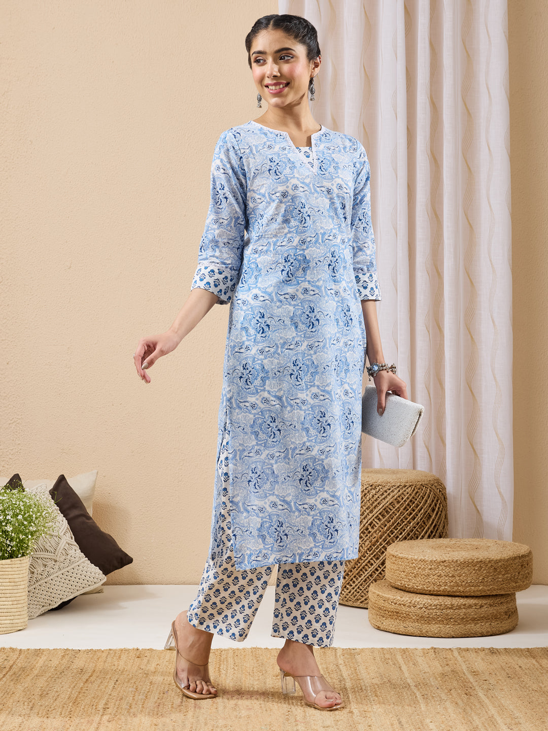 Janasya Women's Light Blue Pure Cotton Batik Printed Straight Kurta With Pant Set