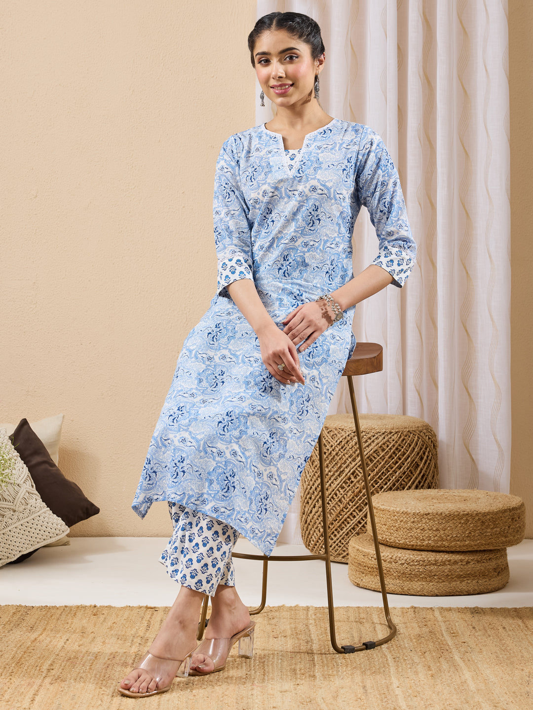 Janasya Women's Light Blue Pure Cotton Batik Printed Straight Kurta With Pant Set