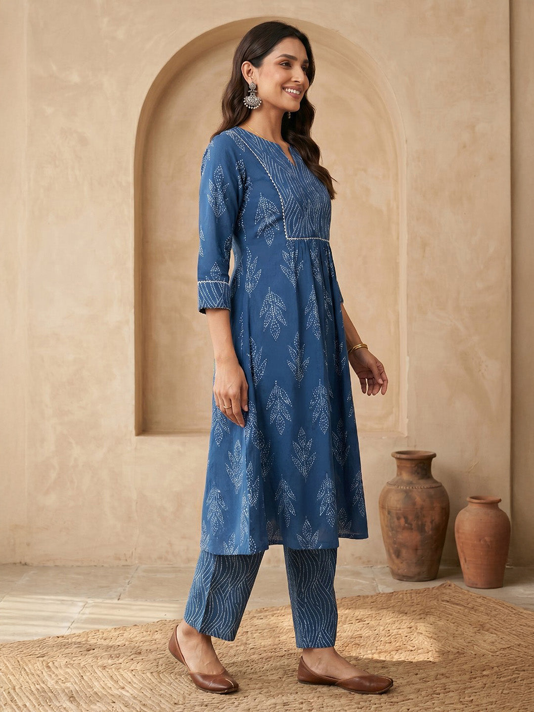 Janasya Women's Indigo Pure Cotton Bandhani Printed A-Line Kurta with Pant Set