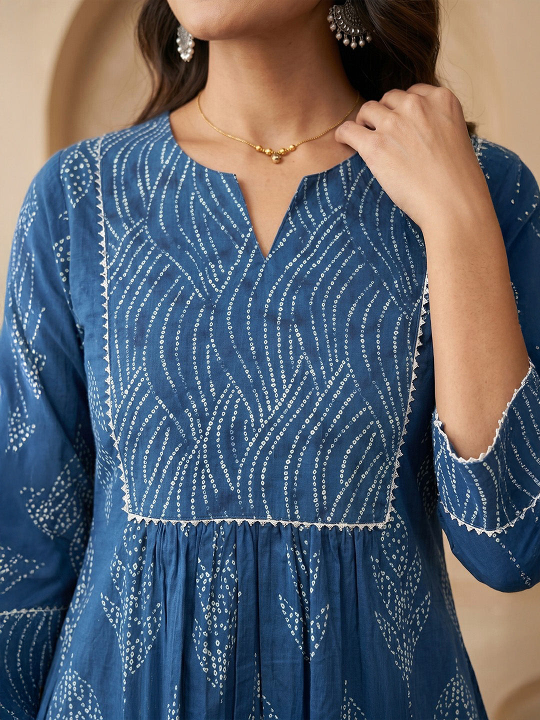 Janasya Women's Indigo Pure Cotton Bandhani Printed A-Line Kurta with Pant Set