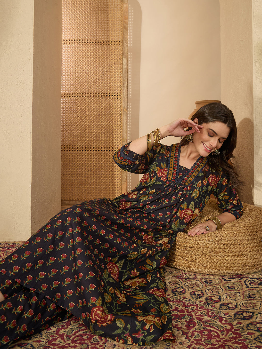 Janasya Women's Navy Blue Pure Cotton Floral Printed A-Line Kurta with Pant Set