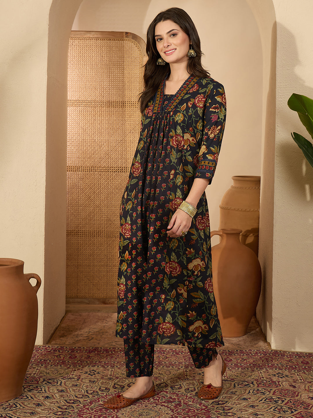 Janasya Women's Navy Blue Pure Cotton Floral Printed A-Line Kurta with Pant Set