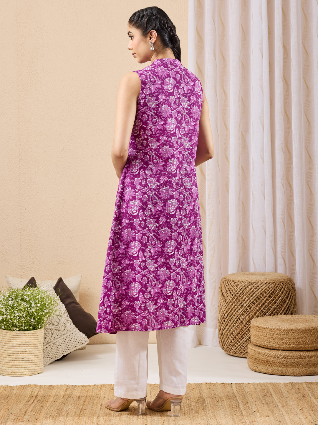 Janasya Women's Purple Pure Cotton Floral Printed A-line Kurta
