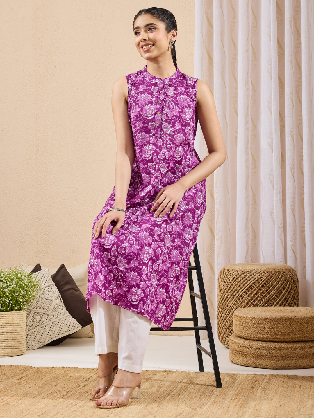 Janasya Women's Purple Pure Cotton Floral Printed A-line Kurta