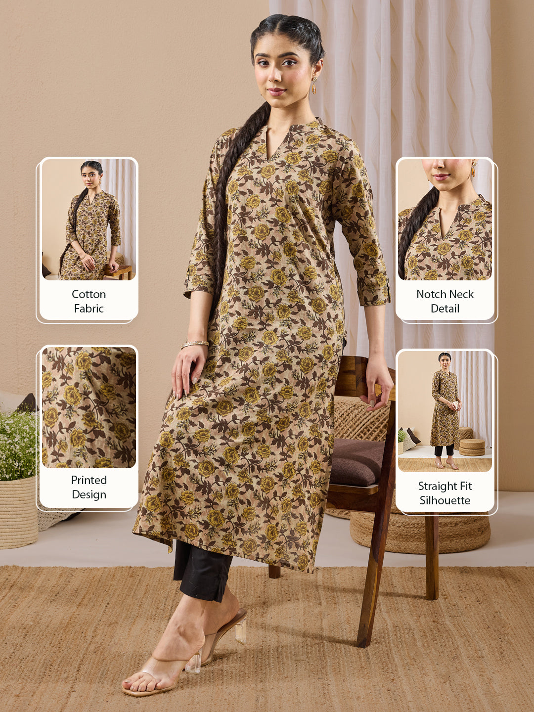 Janasya Women's Brown Pure Cotton Floral Printed Straight Kurta