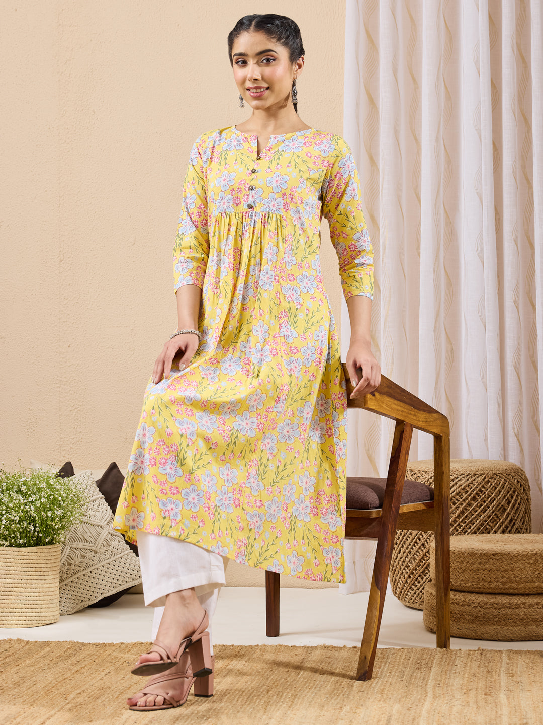 Janasya Women's Yellow Pure Cotton Floral Printed A-line Kurta