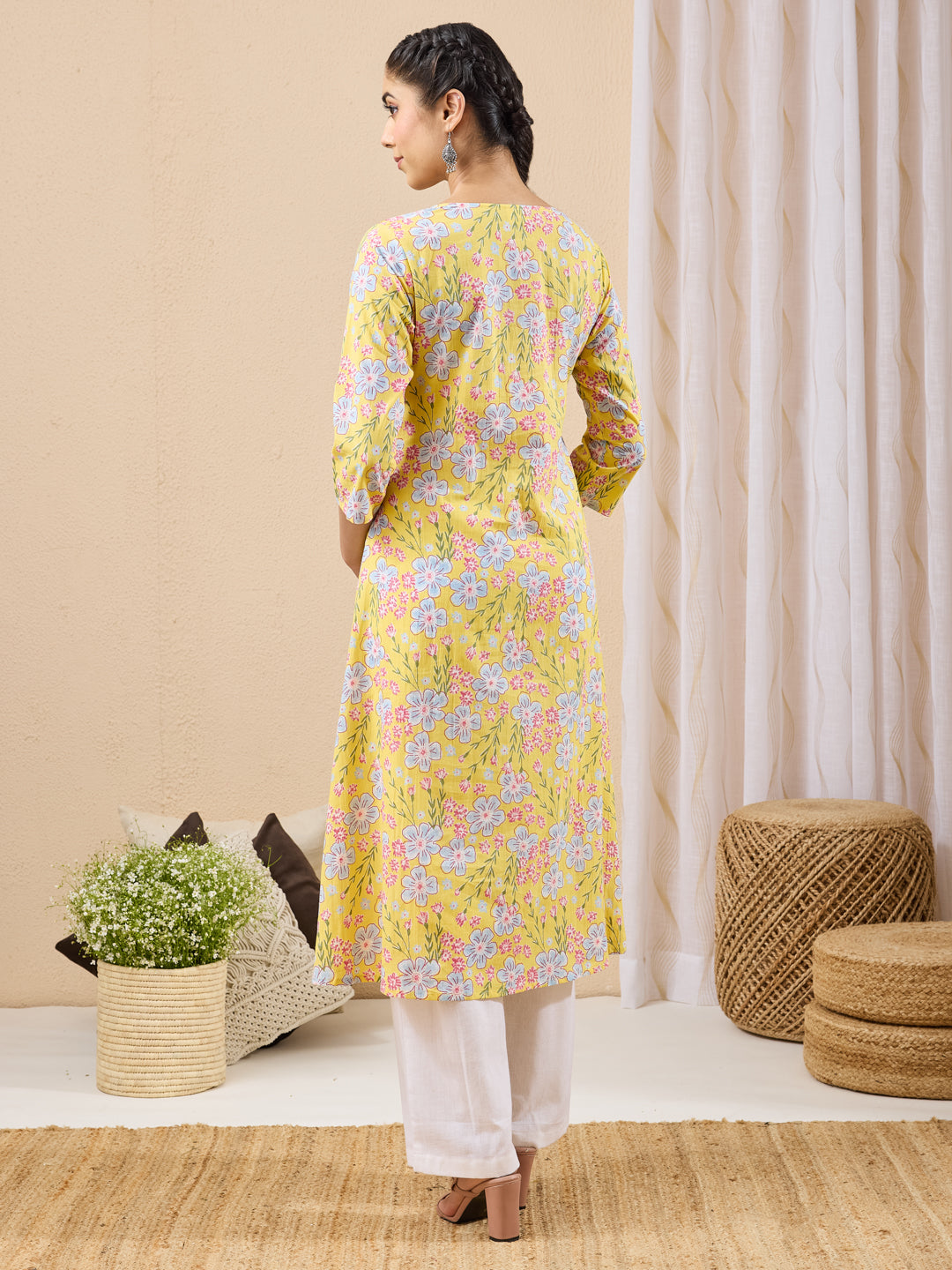 Janasya Women's Yellow Pure Cotton Floral Printed A-line Kurta