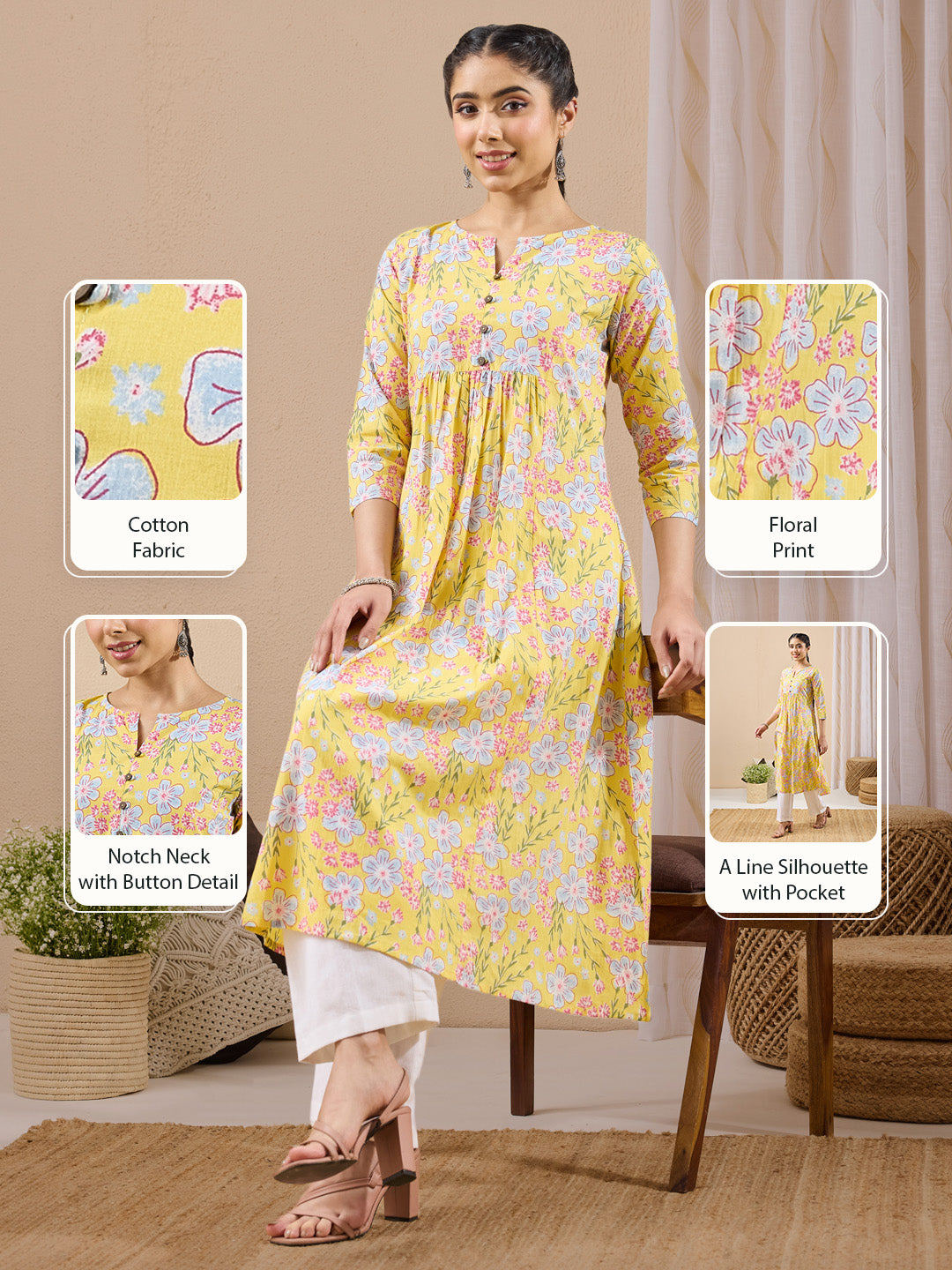Janasya Women's Yellow Pure Cotton Floral Printed A-line Kurta