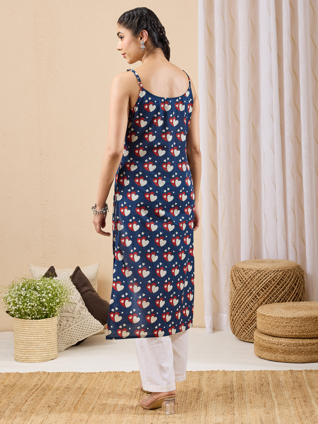 Janasya Women's Dark Blue Pure Cotton Printed Straight Kurta