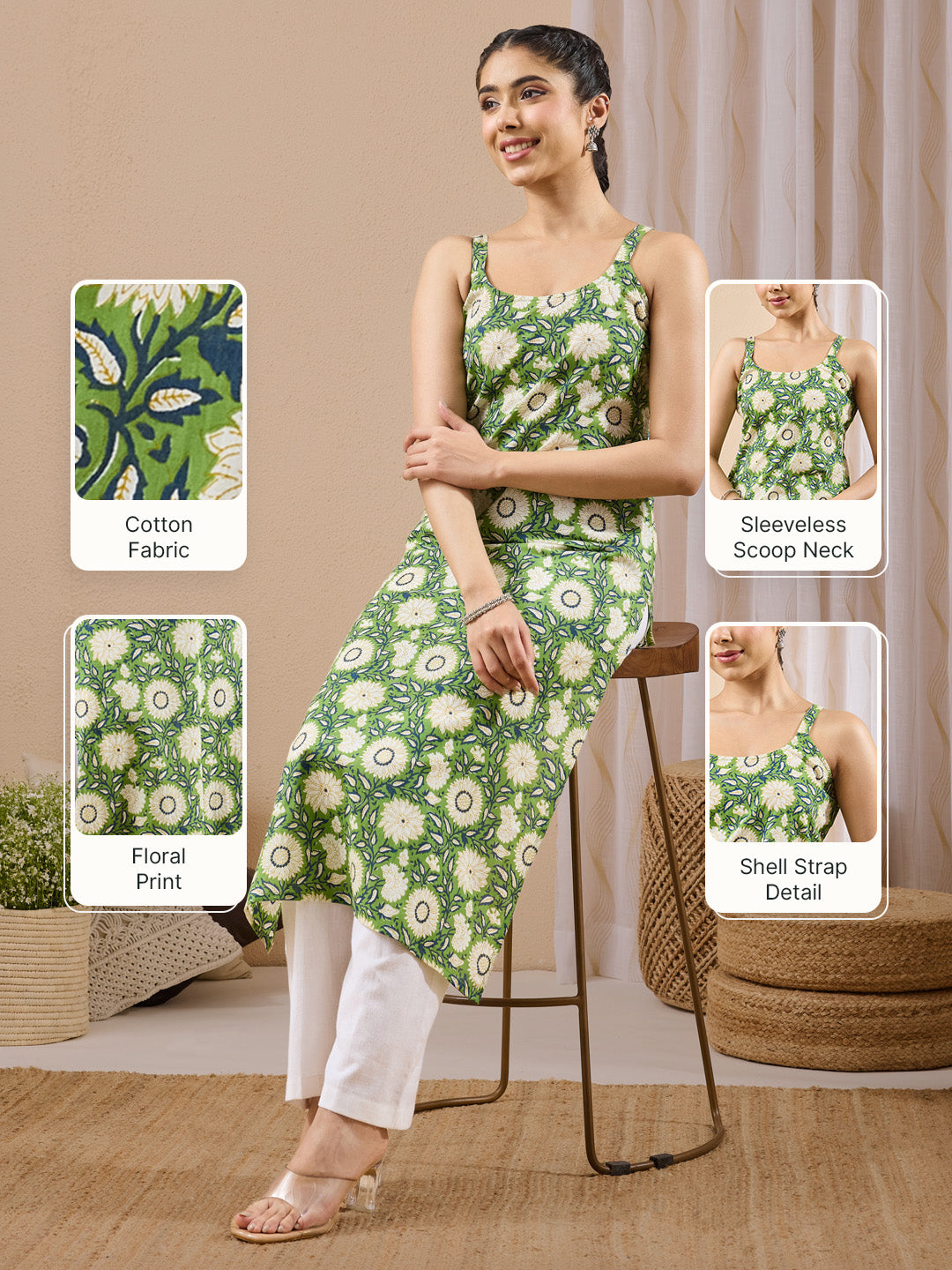 Janasya Women's Green Pure Cotton Floral Printed Straight Kurta