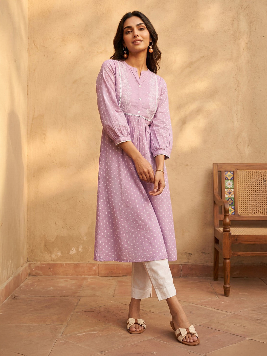 Janasya Women's Lavender Pure Cotton Floral Printed A-Line Kurta