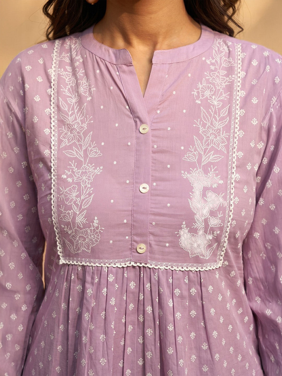 Janasya Women's Lavender Pure Cotton Floral Printed A-Line Kurta