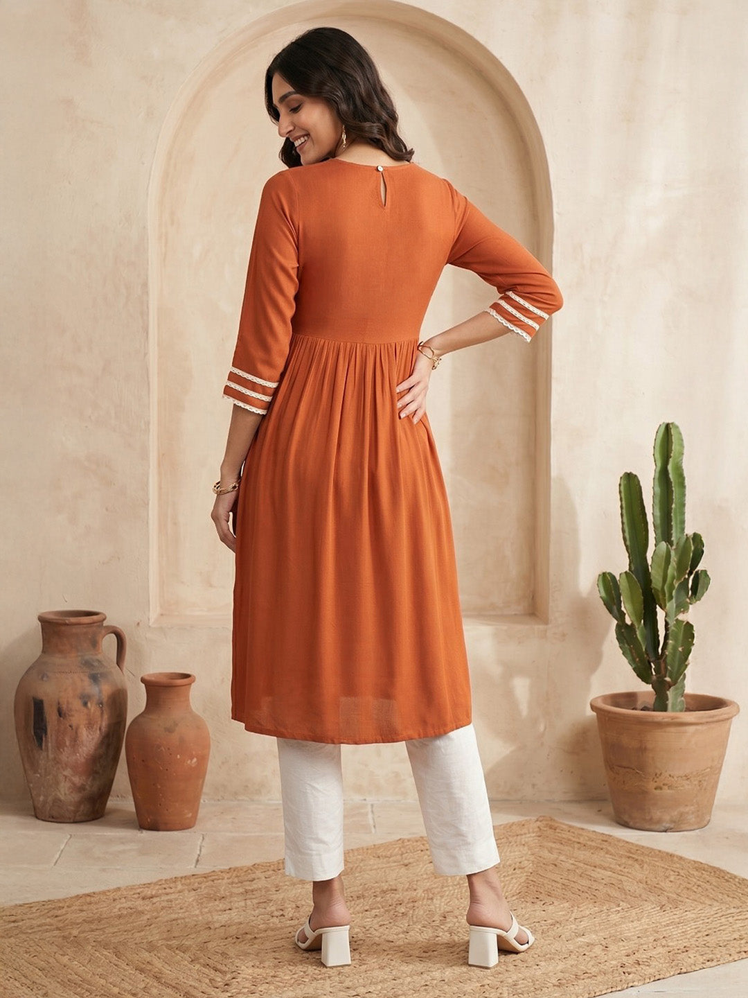 Janasya Women's Rust Rayon Embroidered Straight Kurta