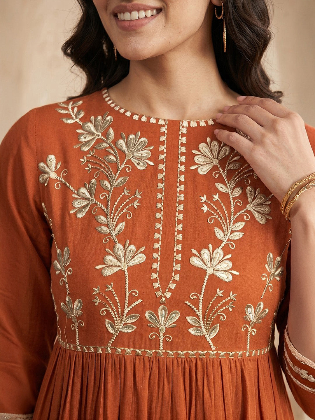 Janasya Women's Rust Rayon Embroidered Straight Kurta