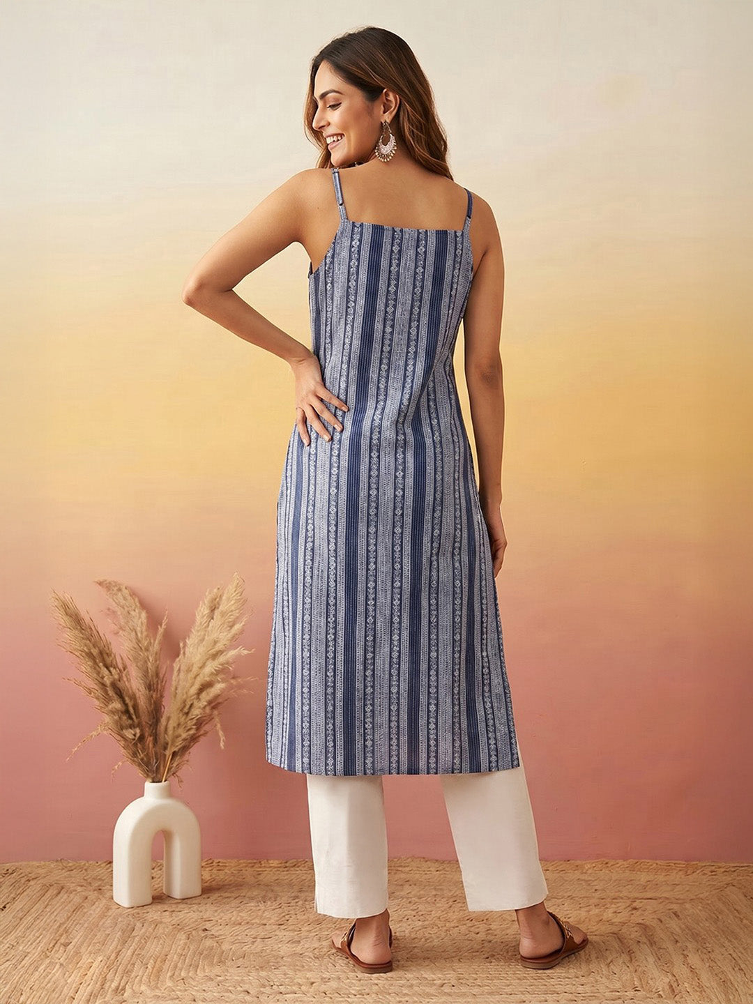 Janasya Women's Blue Pure Cotton Floral Vertical Stripes Printed Straight Kurta