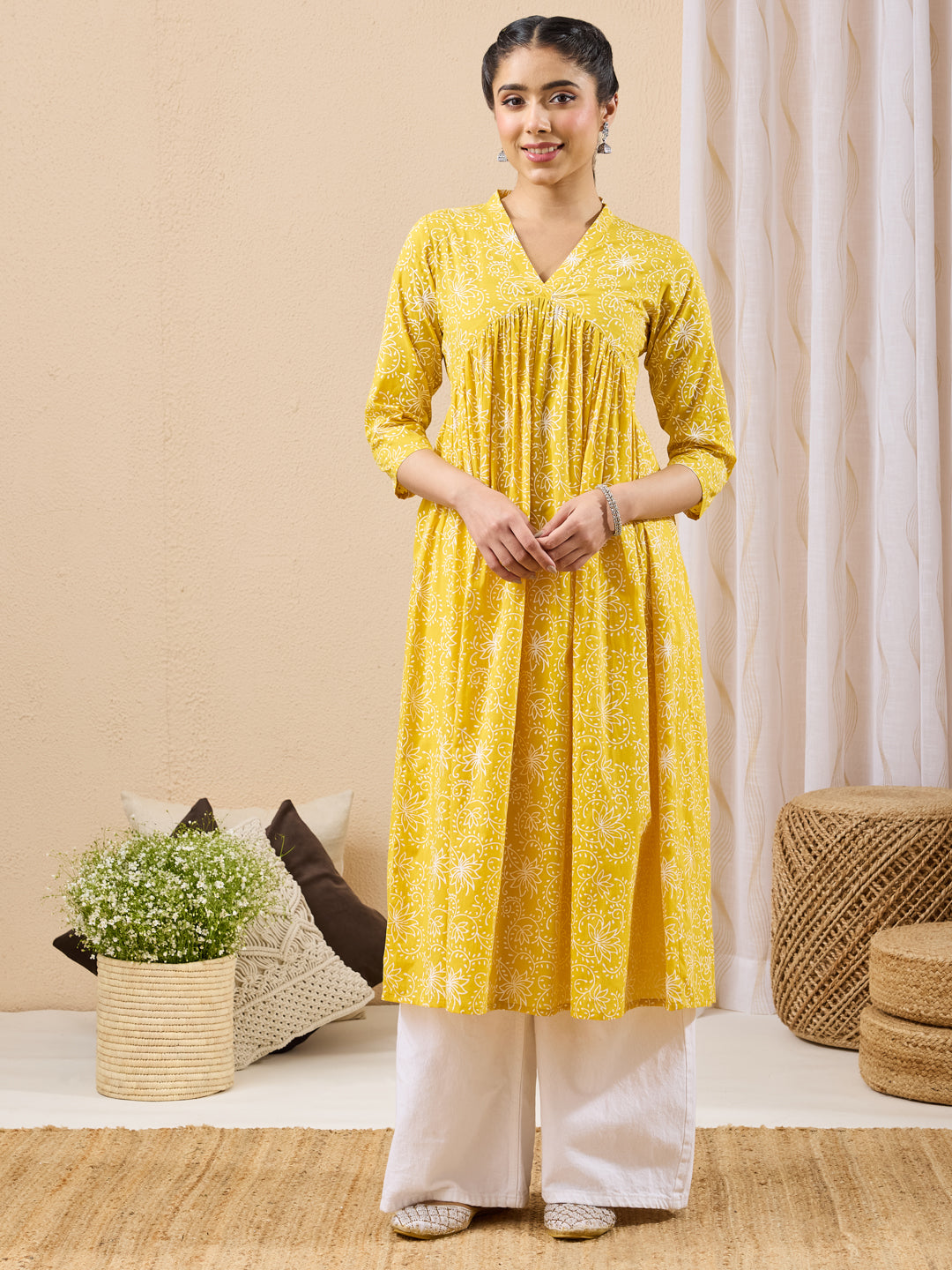 Janasya Women's Yellow Pure Cotton Floral Printed A-line Flared Kurta