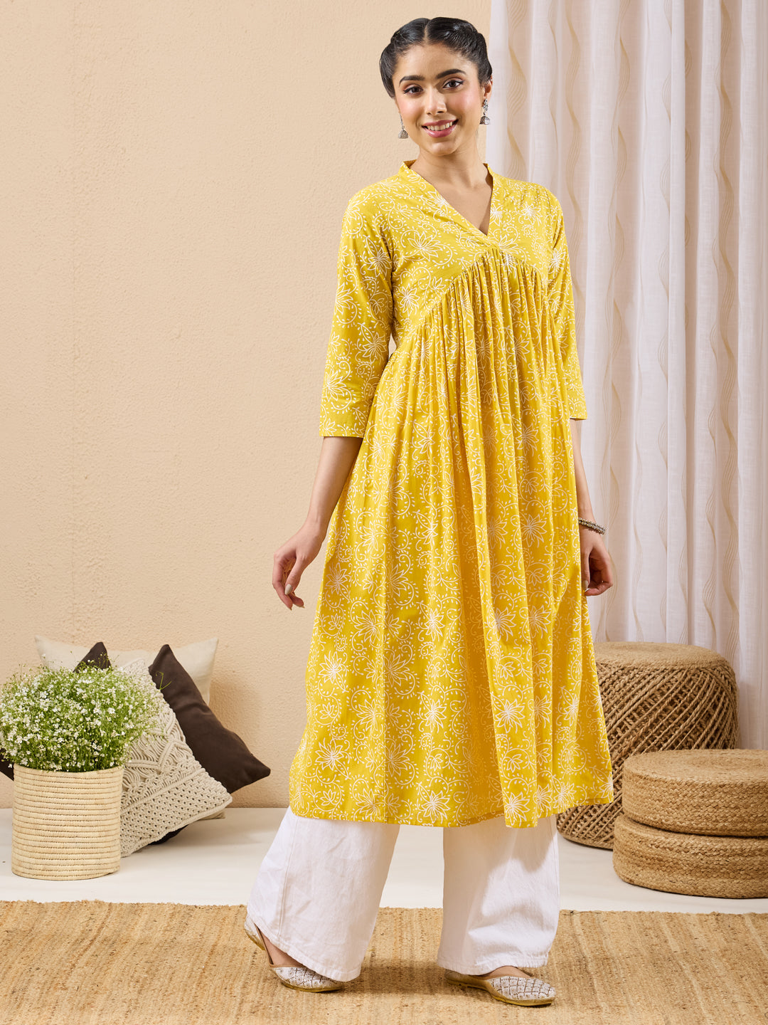 Janasya Women's Yellow Pure Cotton Floral Printed A-line Flared Kurta