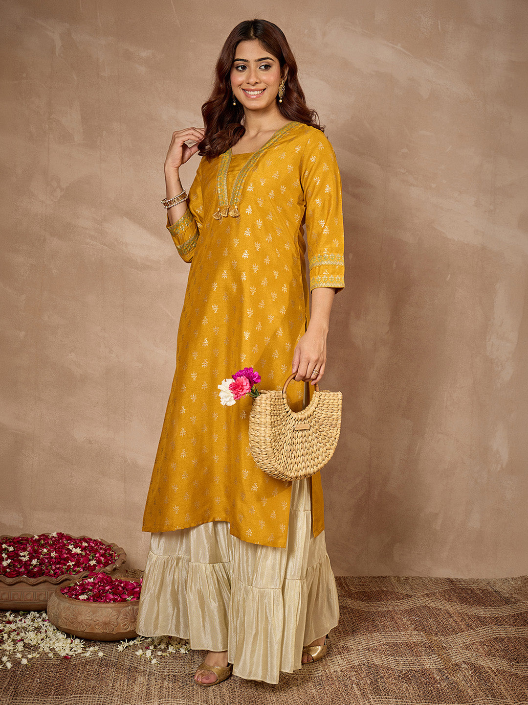 Janasya Women's Mustard Silk Blend Foil Printed Straight Kurta