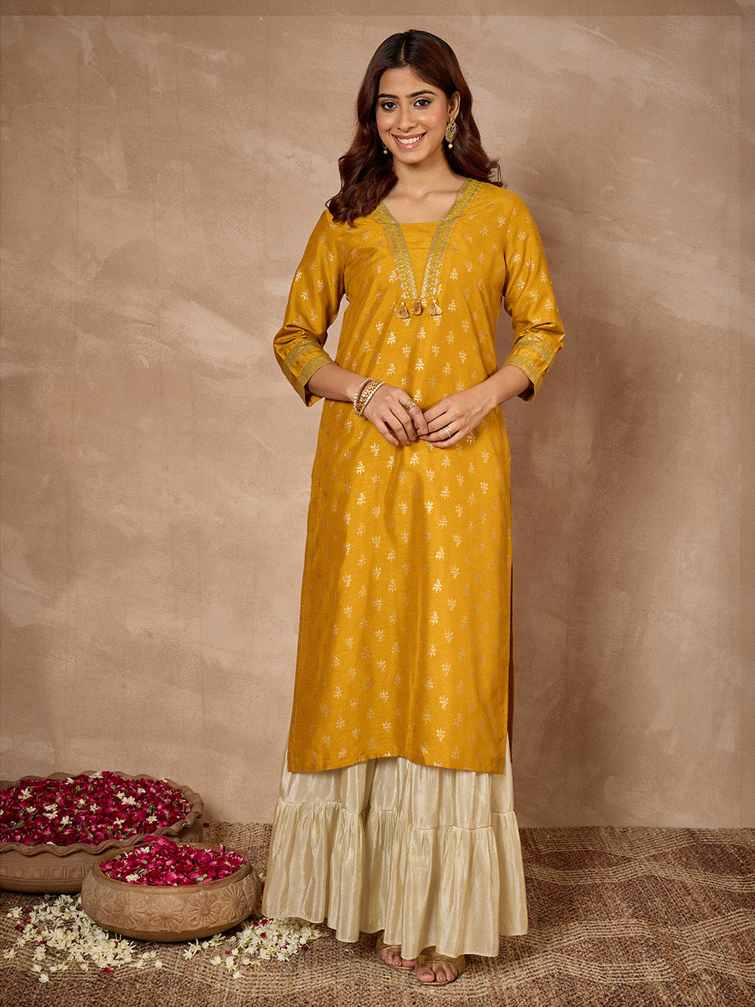 Janasya Women's Mustard Silk Blend Foil Printed Straight Kurta