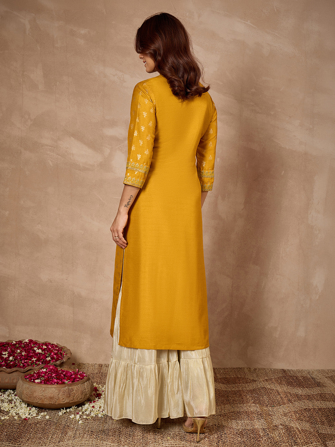 Janasya Women's Mustard Silk Blend Foil Printed Straight Kurta