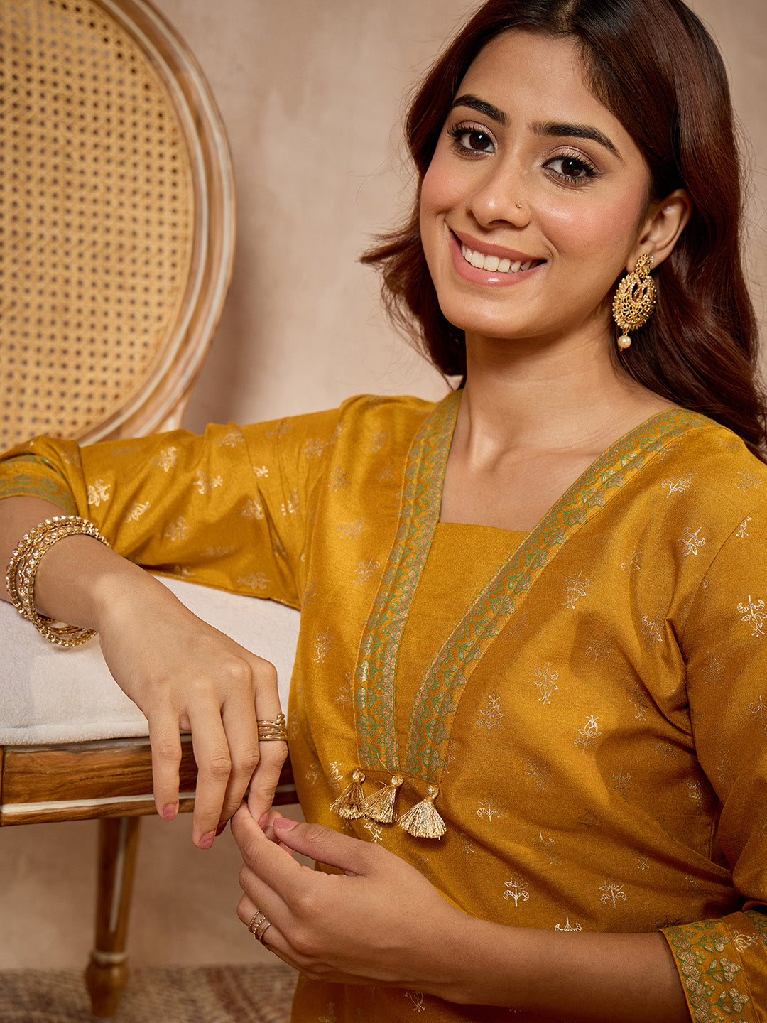 Janasya Women's Mustard Silk Blend Foil Printed Straight Kurta