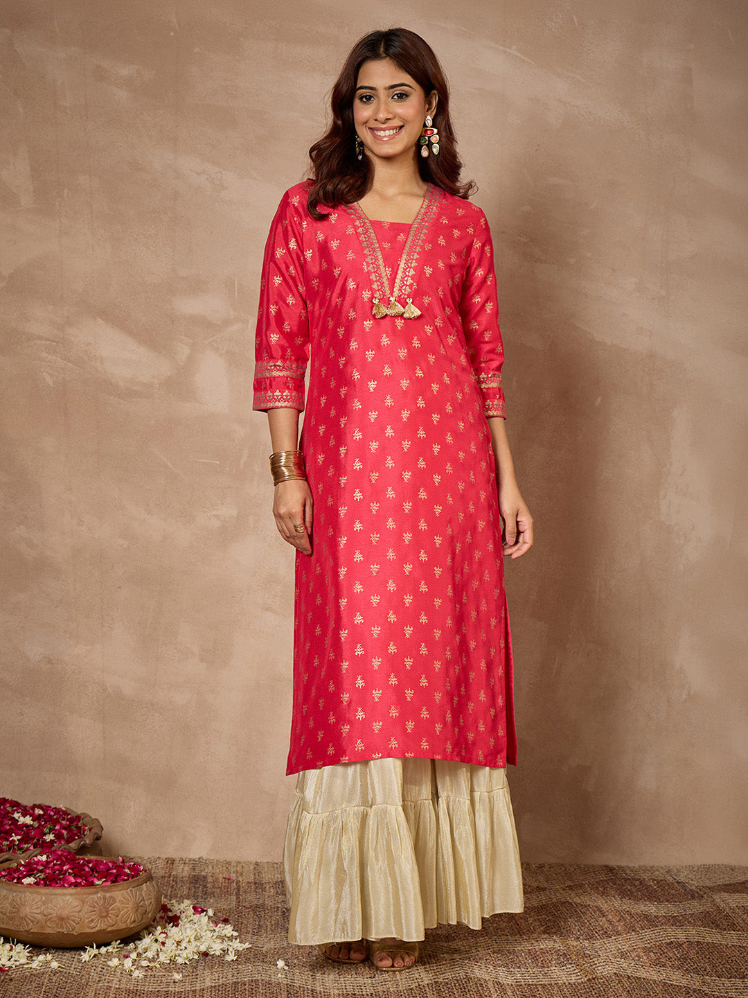 Janasya Women's Pink Silk Blend Foil Printed Straight Kurta