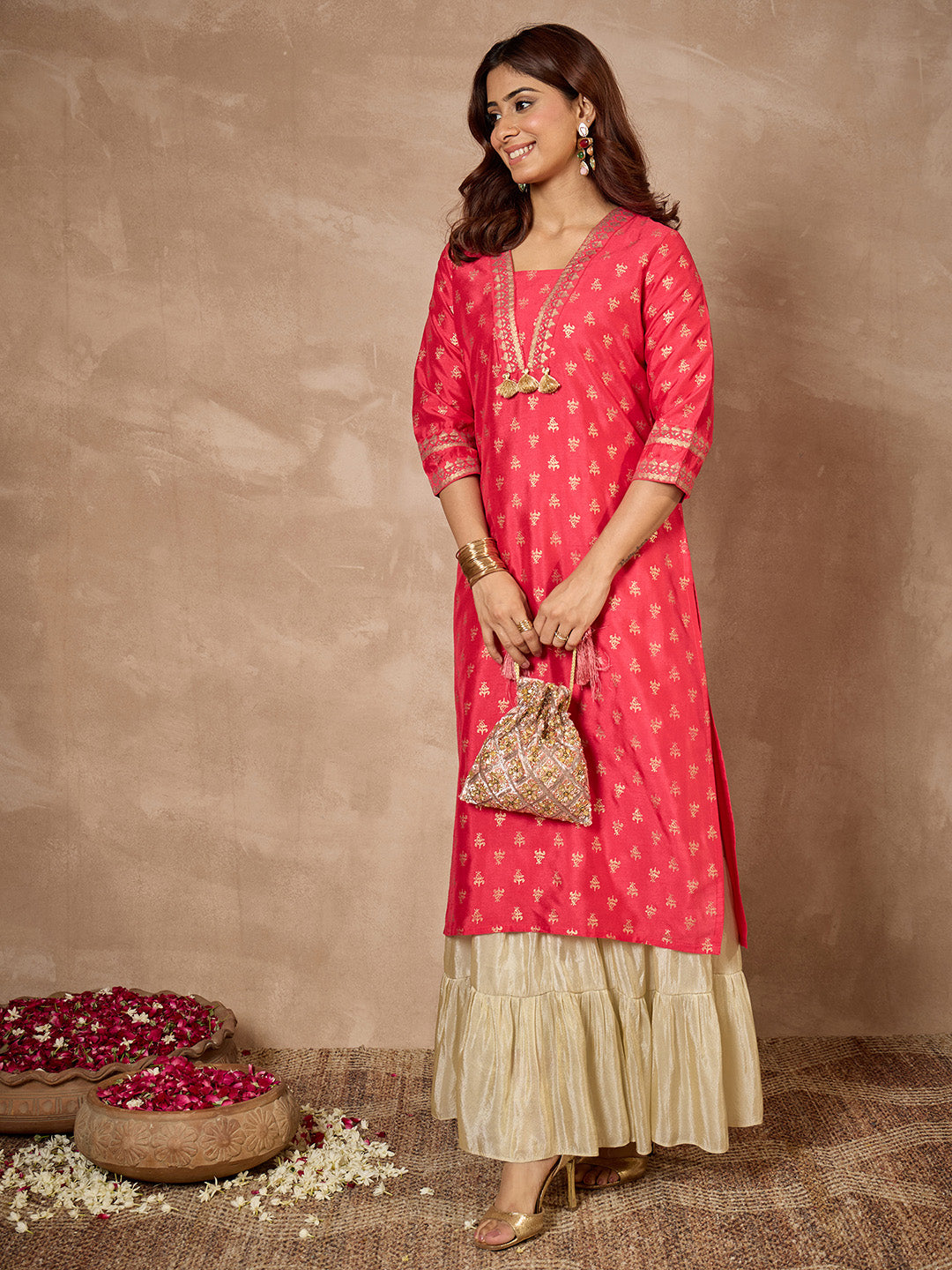 Janasya Women's Pink Silk Blend Foil Printed Straight Kurta