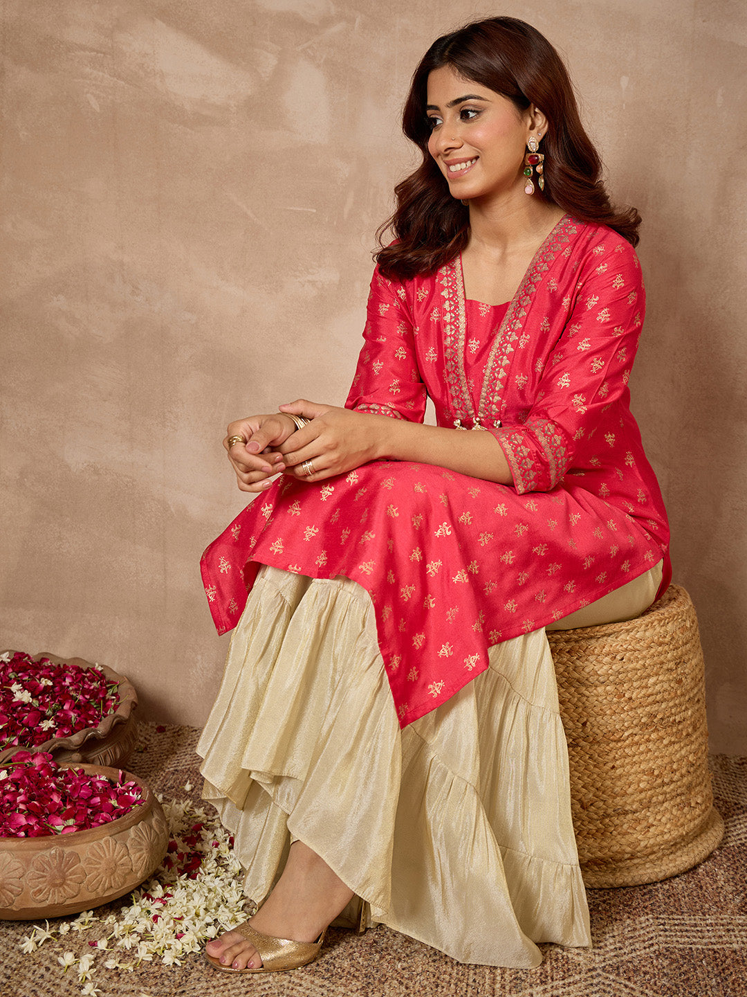 Janasya Women's Pink Silk Blend Foil Printed Straight Kurta