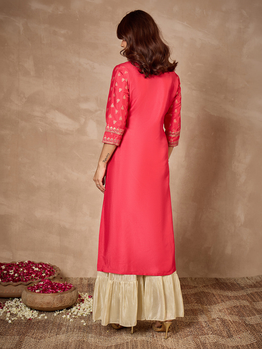 Janasya Women's Pink Silk Blend Foil Printed Straight Kurta